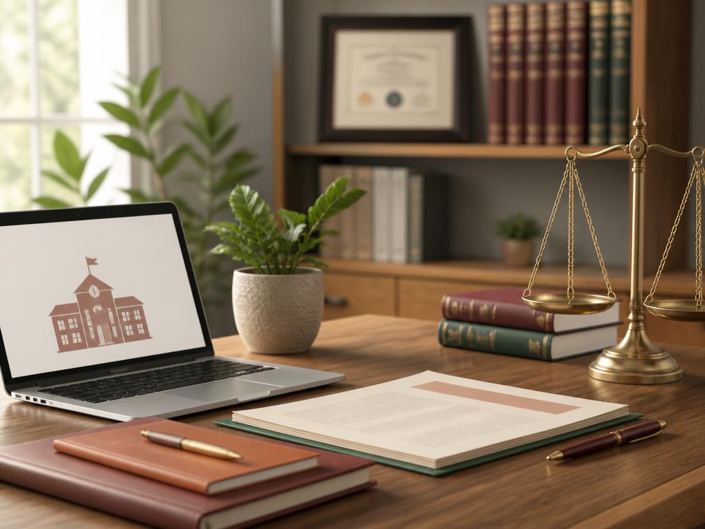 Ambiente de assessoria jurídica para escolas com documentos, laptop e símbolo da justiça