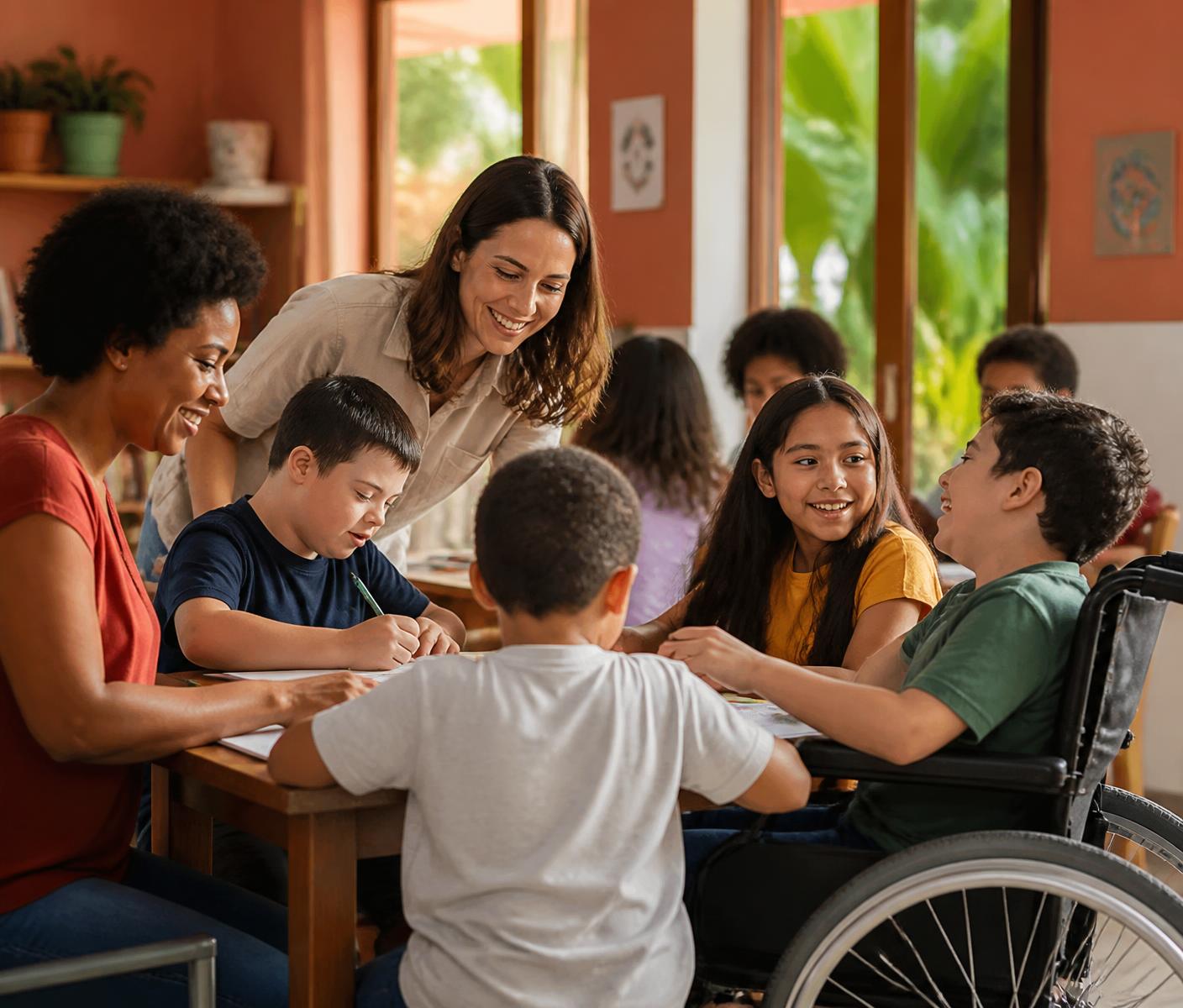 Profissional orientando uma equipe pedagógica e alunos em ambiente escolar acolhedor, com representação natural de acessibilidade